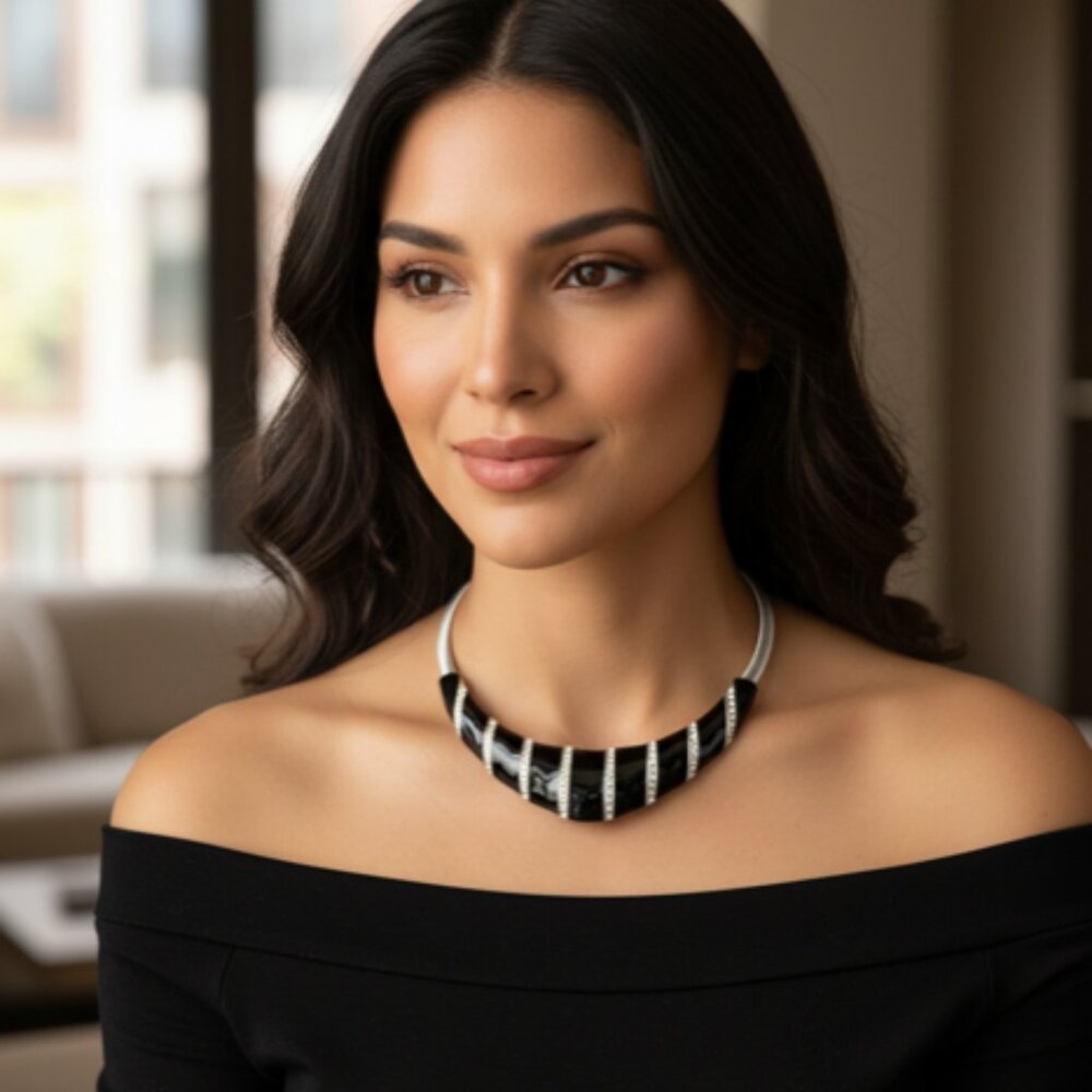 VTG modernist collar necklace, black enamel and vertical bands of Rhinestones